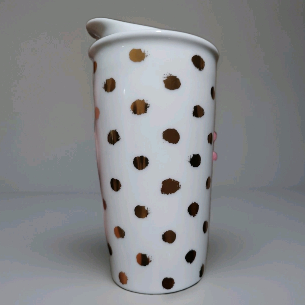 NOS 2014 Gold Polka Dot Starbucks Coffee Tumbler Mug Travel Ceramic W/Sip Top